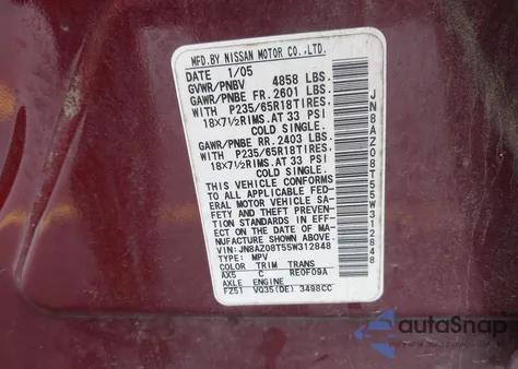 2005 Nissan Murano Se from USA, damaged, VIN JN8AZ08T55W312848